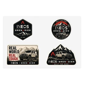Puede incluir: Un conjunto de cuatro pegatinas con el logotipo de INEOS Grenadier e ilustraciones de vehículos todoterreno. Los diseños incluyen paisajes montañosos, el texto "REAL WORLD. REAL TOUGH." y la frase "BUILT FOR MORE".