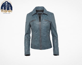 Petrol Blue Leather Jacket Women, Real Lambskin Biker Coat, Quilted Slim Fit Moto, Gift for Wife, Custom Size Winter Outerwear