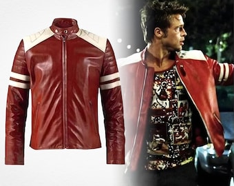 Tyler Durden Brad Pitt Fight Club Project Mayhem Underground Real Red Leather Biker Jacket, 90s Movie Fan Cosplay Costume Coat