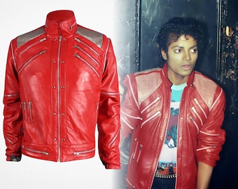 Michael Jackson MJ Beat It Music Video Red Genuine Leather Biker Jacket, King of Pop 80s Iconic Costume, Professional Cosplay Fan Gift