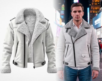 WWII Royal Air Force RAF B3 White Shearling Aviator Pilot Genuine Leather Bomber Jacket, Battle of Britain Historical Military Cosplay Gift