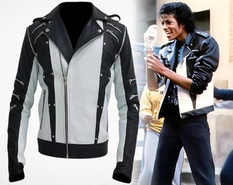 Michael Jackson MJ Pepsi Commercial 1984 Black and White Punk Rock Leather Biker Jacket, Iconic King of Pop Cosplay Tribute Fan Gift