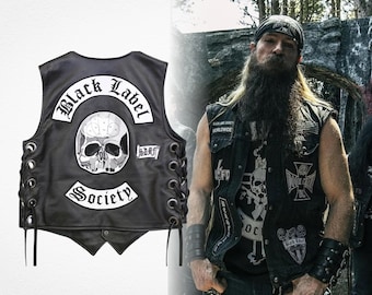 Zakk Wylde Black Label Society Doom Crew Patched Black Leather Biker Vest, Heavy Metal Musician Rock Fan Cosplay Costume Vest