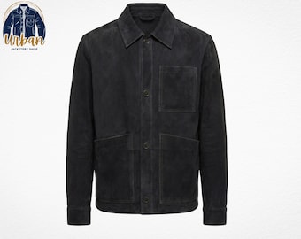 Premium-Truckerjacke aus schwarzem Echtwildleder, leichter Shacket-Mantel mit Knöpfen, Luxusgeschenk für Herren, klassischer westlicher Stil