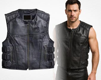 Shemar Moore S.W.A.T. Daniel Hondo Harrelson Black Tactical Genuine Leather Biker Vest, Professional Police Cosplay Movie Fan Gift Vest