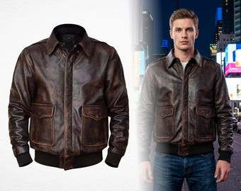WWII USAAF A2 Flight Pilot Distressed Brown Genuine Leather Aviator Jacket, US Army Air Force Historical Military Reproduction Gift Coat