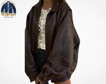 Womens 90s Nostalgia Y2K Aesthetic Handmade Oversized Brown Real Leather Bomber Jacket, Retro Streetwear Autumn Fashion Gift