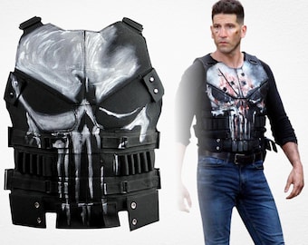 Frank Castle Punisher Jon Bernthal Netflix Series Skull Design Black Genuine Leather Tactical Combat Armor Vest, Cosplay Costume Fan Gift