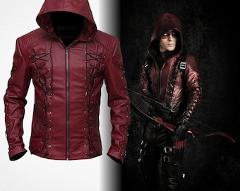 Oliver Queen Green Arrow CW TV Series Star City Vigilante Black Maroon Genuine Leather Hooded Jacket, Superhero Cosplay Costume