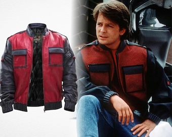 Michael J Fox Marty McFly, Back to the Future Part II, 2015 Hoverboard Chase, Red Leather Jacket, Movie Prop Cosplay Costume Gift