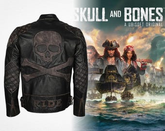 Nicolas Cage Johnny Blaze Ghost Rider Hellcycle Chase Skull Bones Black Distressed Vintage Leather Biker Jacket, Cosplay Coat