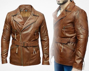 Classic Vintage Tan Genuine Leather 3/4 Biker Motorcycle Coat with Belt, Professional Retro Cafe Racer Men's Winter Style Collector  Jacket