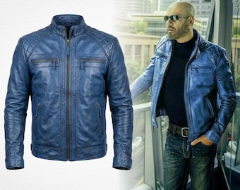 Men's Vintage Blue Diamond Quilted Real Leather Retro Cafe Racer Biker Motorcycle Jacket, Classic Rider Moto Coat