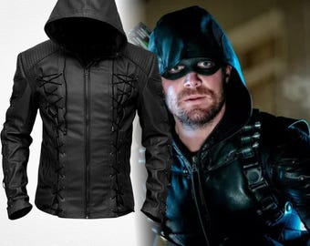Stephen Amell Oliver Queen Arrow TV Series Star City Vigilante Hooded Black Genuine Leather Biker Jacket, Superhero Cosplay Costume