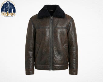 Handmade Men's Distressed Brown Leather Shearling Aviator Jacket - B3 Flight Bomber Coat - Premium Gift for Him - Warm Winter Style