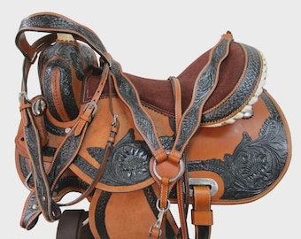 Brown Leather Trail Saddle Set, Traditional Western Saddle Design, Padded Suede Seat Trail Saddle Design, 6.75 Inch Gullet Western Saddle
