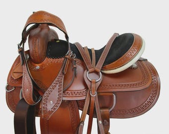 Brown Leather Trail Saddle Set, Semi Quarter Horse Bar Saddle, Traditional Western Saddle Design, Padded Suede Seat Trail Saddle For Gift