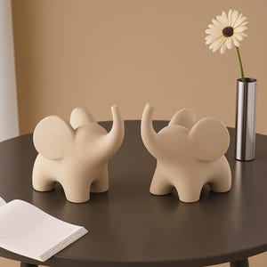 Elegant Beige Elephant Statue – Resin Flocking Elephant Figurine for Home & Office Decor | Modern Animal Sculpture Gift