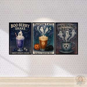 Haunted Café Collection | 3 Ghost Coffee Digital Prints | Halloween Wall Art | Spooky Cute Kitchen Decor | Instant Download A4