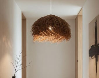 Lámpara colgante de rafia / Lámpara de techo estilo boho japonés de mimbre (E27 UE)