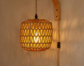 Jute Wall Sconce Handmade Natural Beige Boho Coastal Wood Bedside Lamp E26