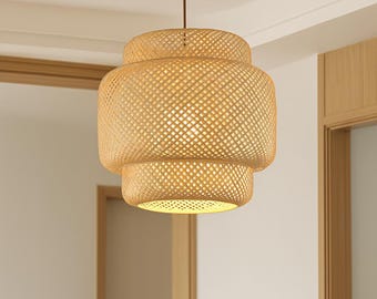 Hand-Woven Bamboo Pendant Light: Boho Japandi Style, Adjustable Cord