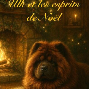 May include: A brown Chow Chow dog rests on a fur rug in front of a fireplace, with the text "Ulk et les esprits de Noël" in gold script. The scene is warmly lit with candles and Christmas decorations.