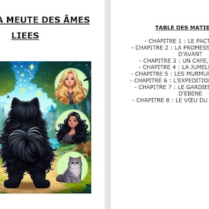 May include: Illustration of a book cover with the title "ULK - LA MEUTE DES ÂMES LIEES." The cover features a black dog, portraits of women, and two cats. The table of contents is on the right.