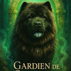 May include: A digital illustration of a Chow Chow dog with a dark brown coat and a blue tongue. The dog is in front of a green archway with runes. The text "GARDIEN DE GERMINY" is at the bottom of the image.