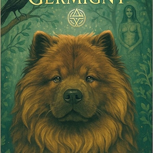 May include: Illustration of a Chow Chow dog with a long, brown fur coat, set against a teal background with a raven and a woman. The text "GARDIEN DE GERMINY" is in gold lettering.