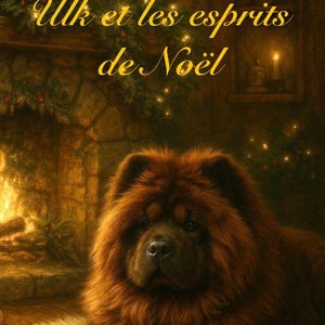 May include: A fluffy brown Chow Chow dog rests on a fur rug in front of a fireplace. The image has a warm, inviting glow, with candles and a Christmas wreath visible. Text in gold script reads "Ulk et les esprits de Noël".