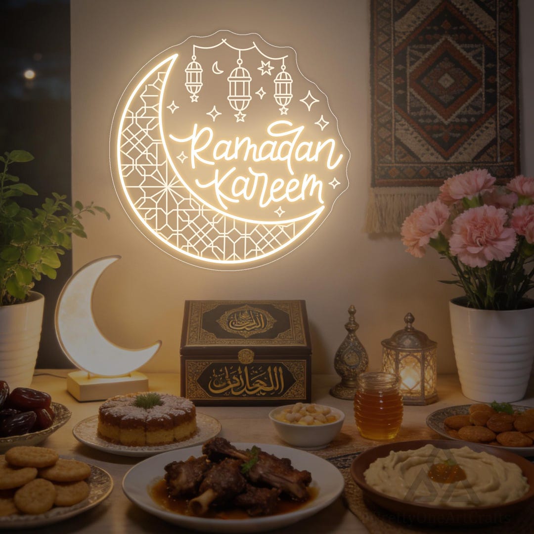Ramadan Kareem Crescent Moon Neon Sign, Custom Eid Mubarak LED Neon ...