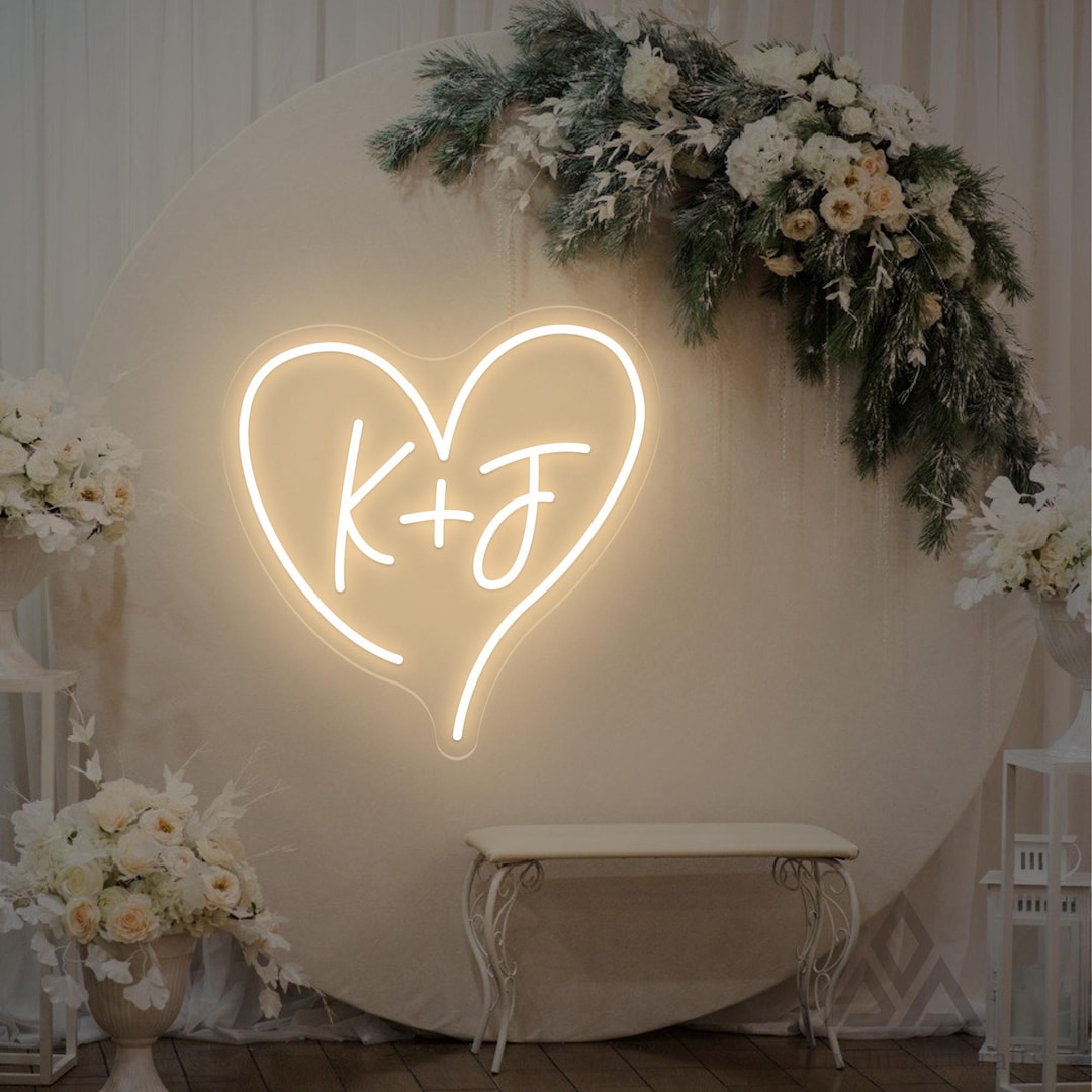 Custom Initials Heart LED Neon Sign, Wedding Party Backdrop Home Wall ...