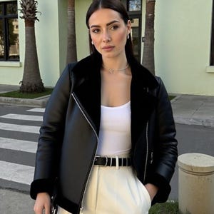 Handmade Black Shearling Aviator Bomber Jacket: Genuine Leather Moto Coat