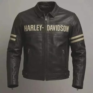 Harley Davidson Men&#39;s Black Motorcycle Jacket Real Cowhide Leather Biker Jacket