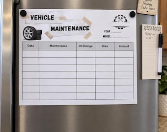 May include: A white vehicle maintenance log sheet with black text and grid lines, featuring a tire graphic, a gear icon with crossed wrenches, and fields for year and model. The sheet includes columns for date, maintenance, oil change, tires, and amount.