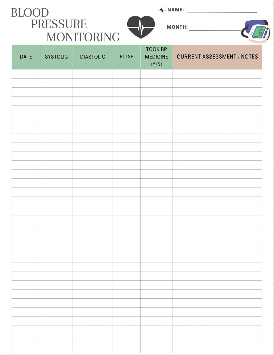 Blood Pressure Monitoring Chart – Printable Health Tracker (PDF) - Etsy