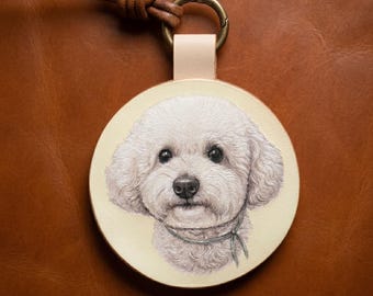 Personalized Embossed Pet Portrait Leather Keychain , Round White Hand Carved Dog Tag