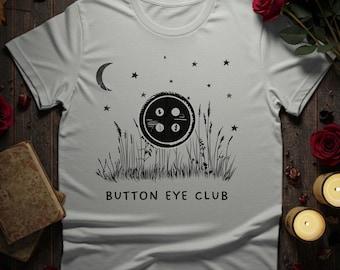 Button Eye Club Shirt – Creepy Cute Graphic Shirt – Dark Whimsical Aesthetic Top – Gothic Coraline Inspired Tee