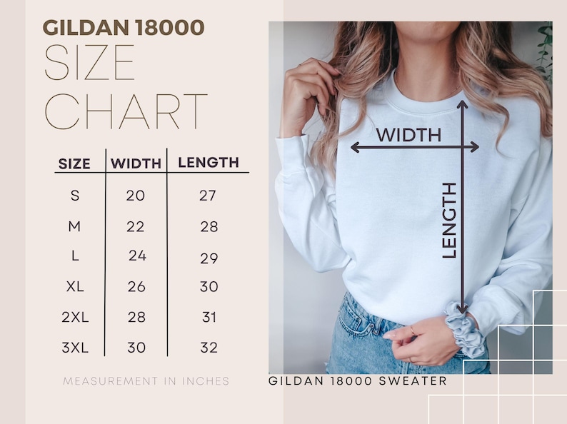 May include: White Gildan 18000 sweatshirt with a size chart. The chart shows measurements in inches for sizes S to 3XL. The width ranges from 20 to 30 inches, and the length from 27 to 32 inches.