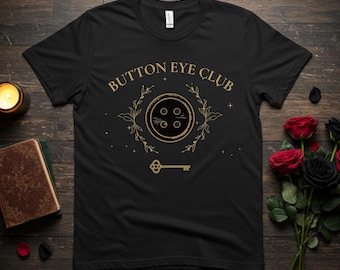 Button Eye Club Shirt – Creepy Cute Graphic Shirt – Dark Whimsical Aesthetic Top – Gothic Coraline Inspired Tee