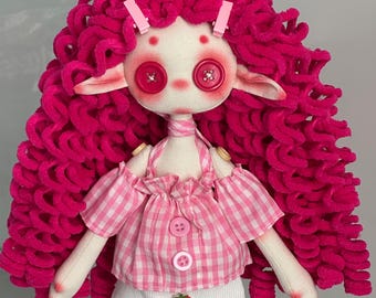 Boneca Waldorf personalizada, boneca artística rosa vermelha, colecionável com olhos de botão, lembrança feita à mão de 30 cm