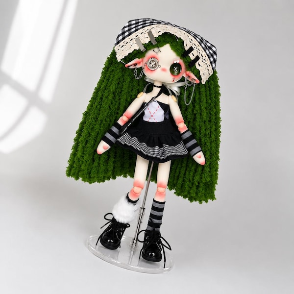 Green-haired art doll, handmade button-eyed rag doll