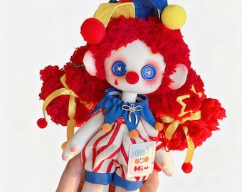 Boneco de palhaço de algodão feito à mão, brinquedo de pelúcia com olhos de botão, embalagem para presente.