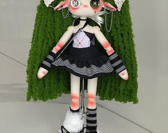 Boneca de pano personalizada com olhos de botão – Brinquedo de pelúcia costurado à mão de 30 cm, tecido de algodão macio, roupa completa.