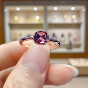 Natural Spessartine Garnet Ring, Square Garnet Solitaire, Handmade Band, Orange Red Garnet Jewelry, January Birthstone Ring, Gift for Her