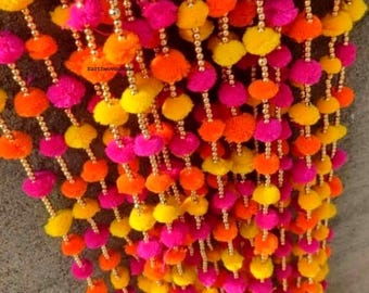 50 Pcs Pom Pom Garland with Bells: Indian Wedding Diwali Decor