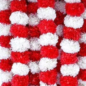 May include: A close-up of a decorative garland composed of alternating rows of red and white pom-poms. The pom-poms are densely packed, creating a textured and vibrant display. The garland is suitable for festive occasions.