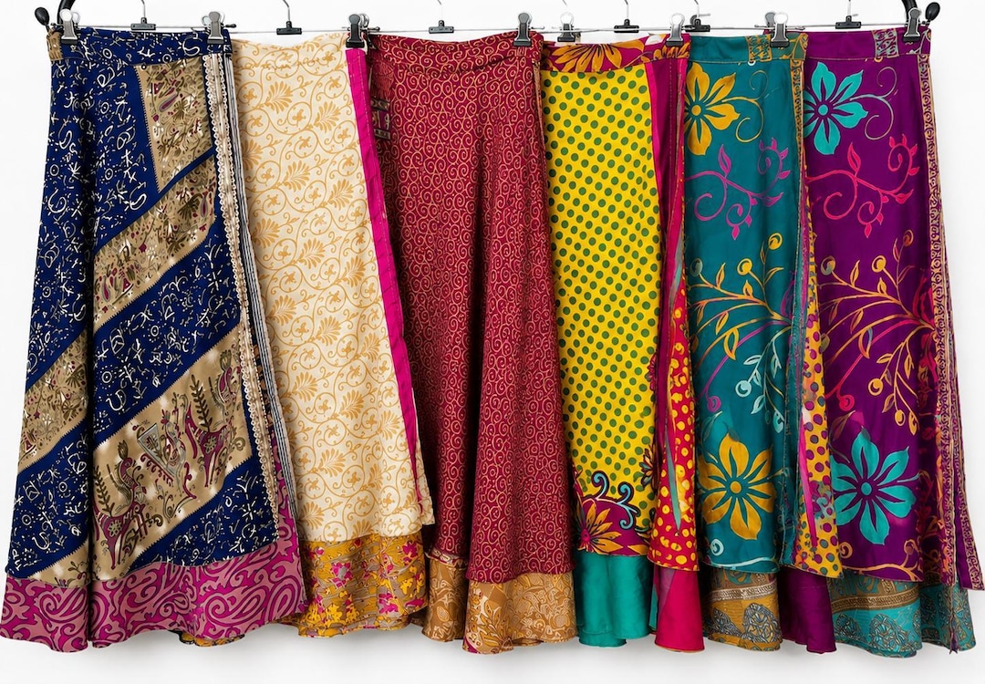 indian silk wrap dress Indian Vintage Silk Wrap Skirt Printed Women Vintage Dress 36 Inch Long  Wrap Skirt Indian Silk Saree Bohemian Magic Dress