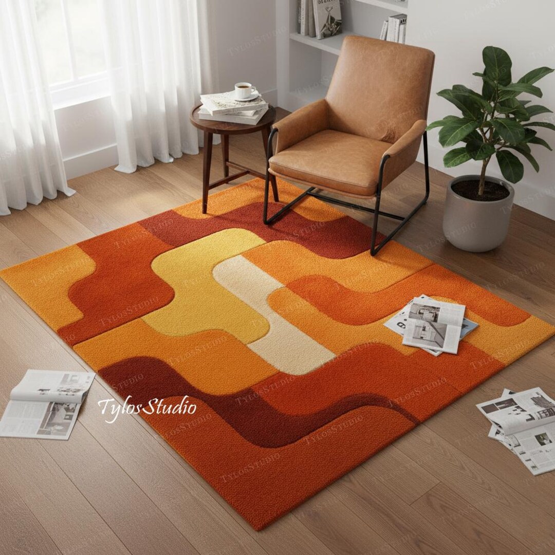 Modular Accent Rugs Hand Tufted Retro Geometric Rug, 70s Groovy Wool Carpet, Monochrome ...